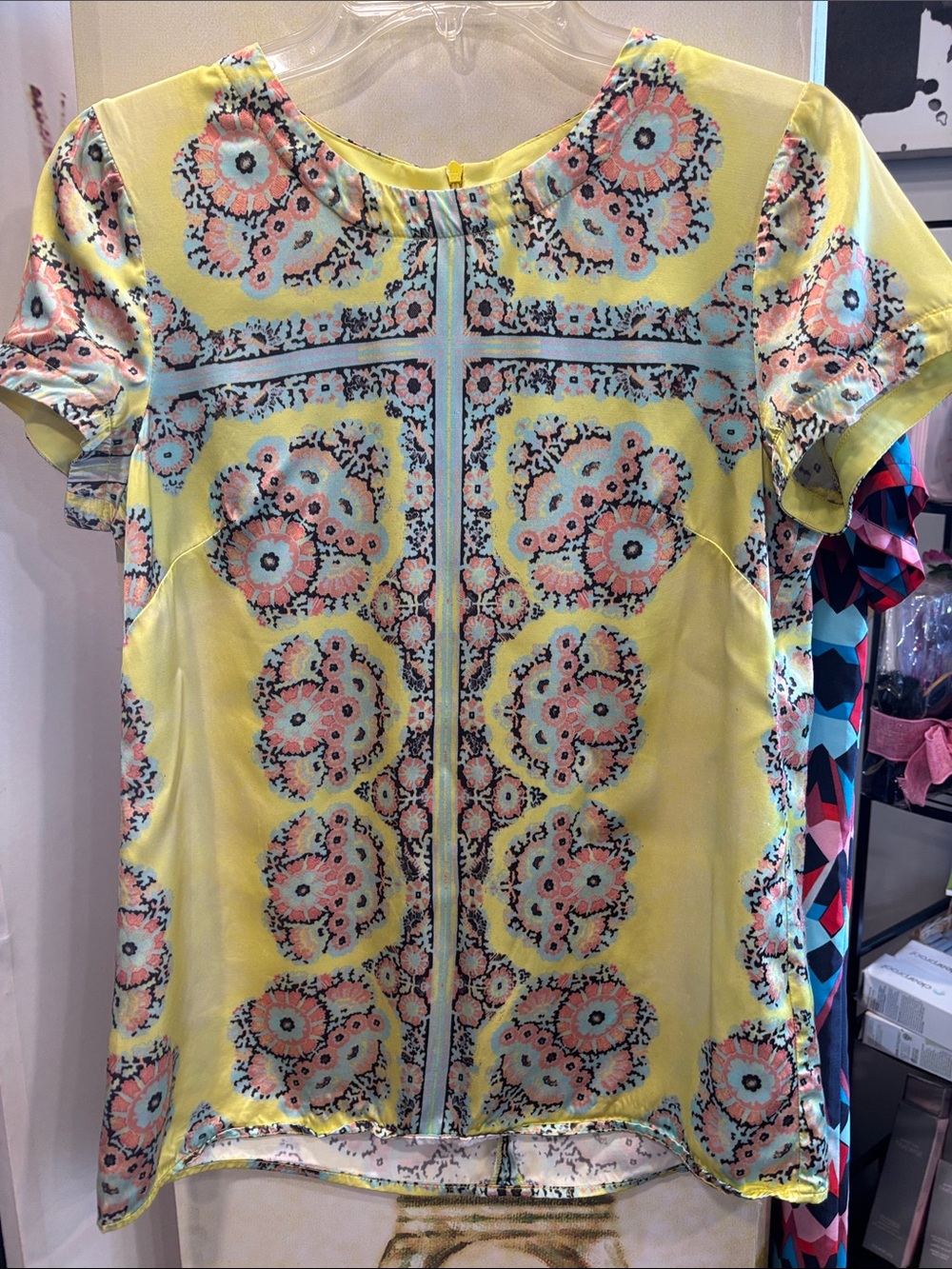 Nanette Lepore Yellow Short Sleeve Floral Medallion Top